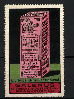 Reklamemarke Leciferrin - blutbildend & nervenstärkend, Galenus Chemische Industrie GmbH, Frankfurt a. M., Schachtel