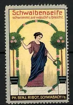 Reklamemarke Schwalbenseife schwimmt, sie wäscht und bleicht, Ph. Benj. Ribot, Schwabach i. B., Frau mit Rosenbogen