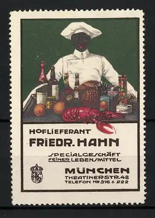 Reklamemarke Hoflieferant Friedr. Hahn, Specialgeschäft feiner Lebensmittel, Theatinerstr. 48, München, farbiger Koch