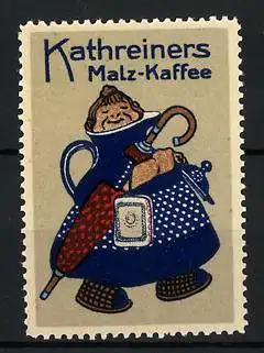 Reklamemarke Kathreiners Malz-Kaffee, Frau in Kaffeekanne