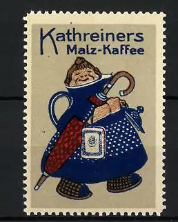 Reklamemarke Kathreiners Malz-Kaffee, Frau in Kaffeekanne