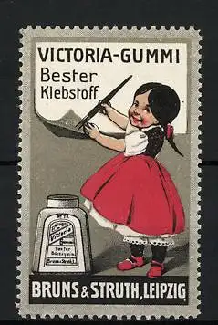 Reklamemarke Victoria-Gummi - bester Klebstoff, Bruns & Struth, Leipzig, Mädchen pinselt Papier mit Klebstoff ein