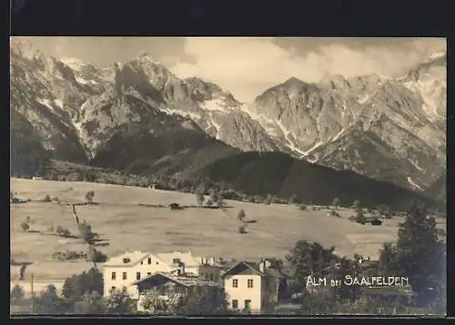 AK Alm bei Saalfelden, Gebäude vor Gebirgswand