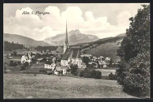 AK Alm i. Pinzgau, Totale mit Kirche