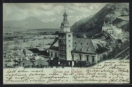 Mondschein-AK Hallein, Kirche und Schloss mit Umgebung