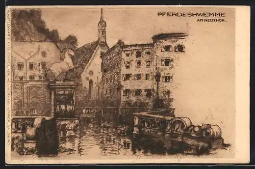 Künstler-AK Salzburg, Pferdeschwemme am Neuthor