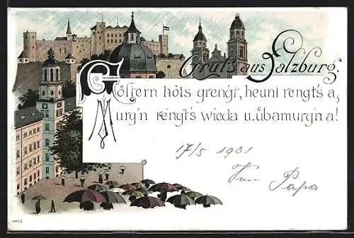 Regen-Lithographie Salzburg, Ortspartie mit Passanten mit Regenschirmen