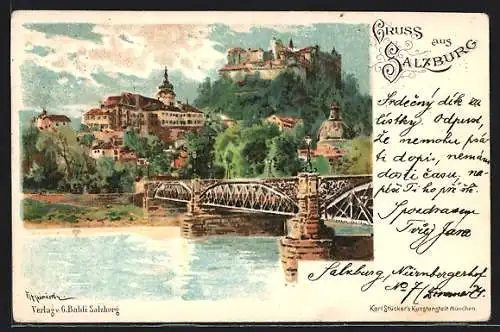 Lithographie Salzburg, Ortsansicht mit Brückenpartie