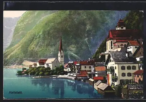 AK Hallstatt, Uferansicht mit Kirche