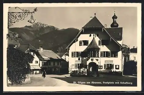 AK St. Gilgen am Abersee, Postplatz mit Blick auf den Schafberg