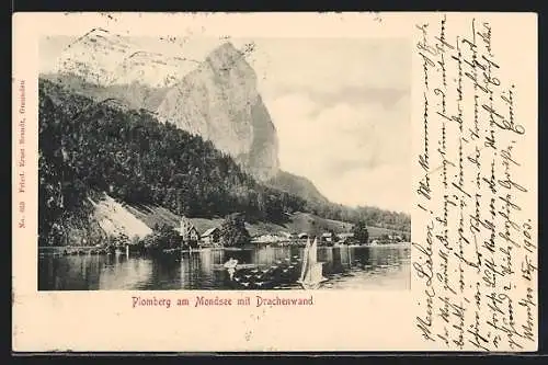 AK Plomberg am Mondsee, Ortspartie mit Drachenwand vom See aus gesehen