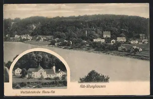 AK Ach-Wanghausen, Wallfahrtskirche Maria-Ach, Flusspartie aus der Vogelschau