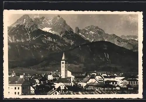 AK Saalfelden, Teilansicht vor dem Steinernem Meer aus der Vogelschau