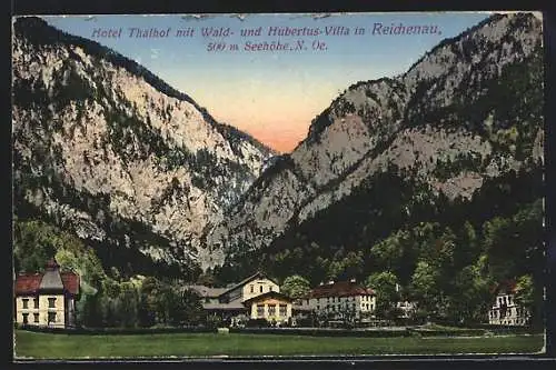 AK Reichenau bei Payerbach, Hotel Thalhof mit Wald- und Hubertus-Villa vor Felsmassiven