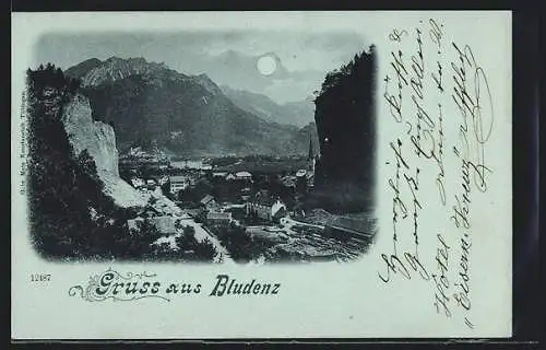 Mondschein-AK Bludenz, Ortsansicht mit Bergen aus der Vogelschau