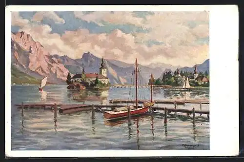 Künstler-AK Gmunden am Traunsee, Schloss Orth mit Bergpanorama