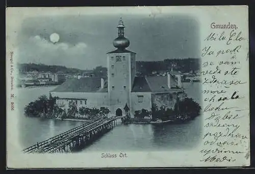 Mondschein-AK Gmunden am Traunsee, Schloss Ort aus der Vogelschau