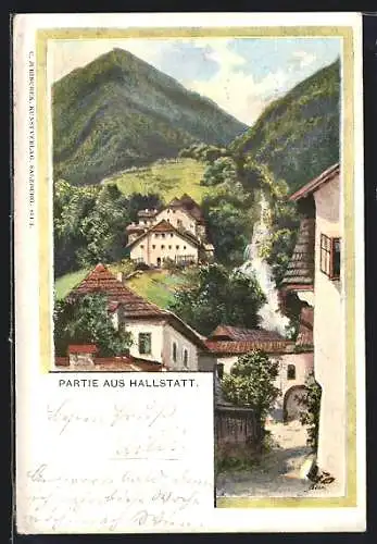 Künstler-AK Hallstatt, Ortspartie mit Bach