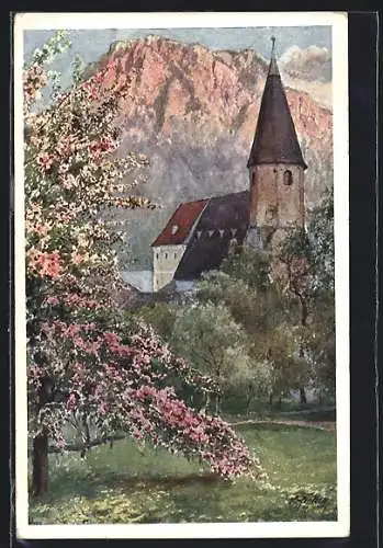Künstler-AK Altmünster bei Gmunden, Kirche im Frühling
