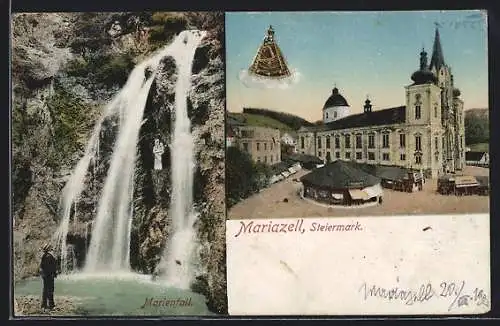 AK Mariazell, Ortsansicht mit Kirche und Marienfall