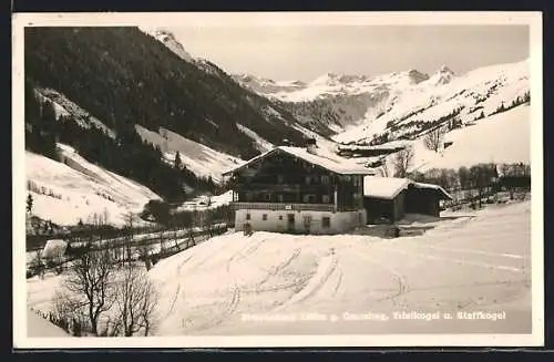 AK Saalbach, Simonshaus gegen Gamshag, Tristkogel und Staffkogel im Schnee