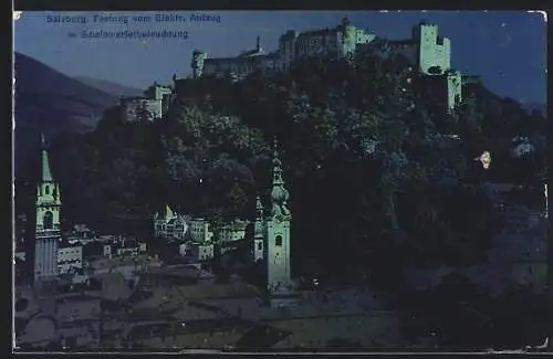 AK Salzburg, Festung vom Elektr. Aufzug aus, in Schweinwerferbeleuchtung