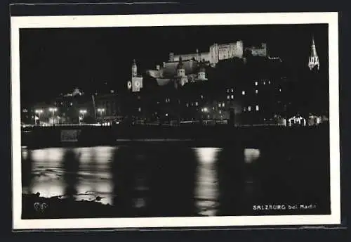 AK Salzburg, Flusspanorama bei Nacht