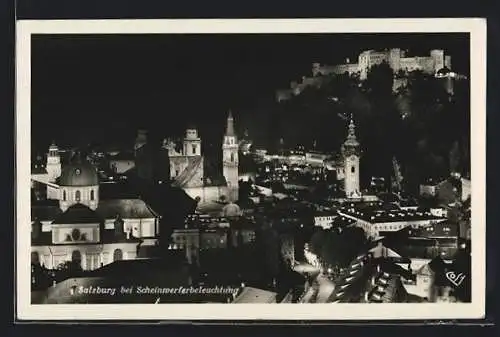 AK Salzburg, Die alte Bischofstadt aus der Vogelschau bei Nacht