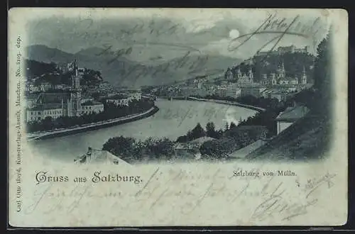 Mondschein-AK Salzburg, Ortsansicht von Mülln aus