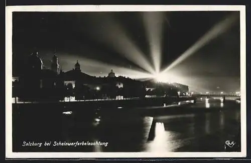 AK Salzburg, Partie am Salzach-Ufer bei Nacht