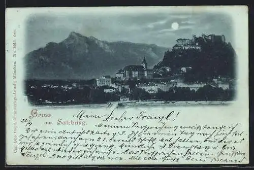 Mondschein-AK Salzburg, Ortsansicht mit Festung Hohen Salzburg gegen die Berge