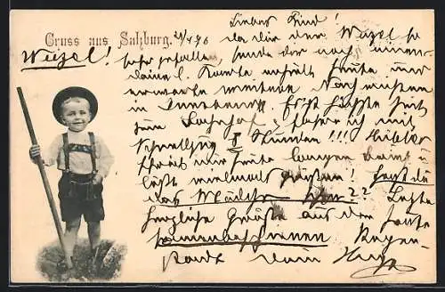 AK Salzburg, kleiner Junge in Tracht mit einem Wanderstock