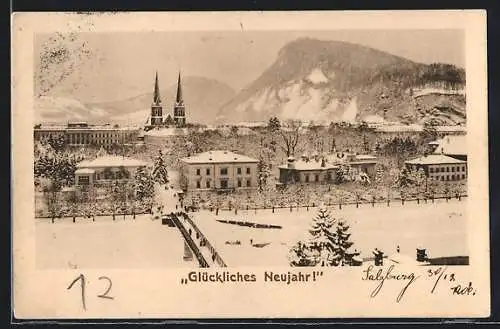 AK Salzburg, Ortsansicht mit Kirche im Schnee
