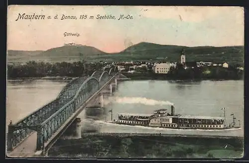 AK Mautern a. d. Donau, Ortsansicht mit Brücke gegen Göttweig