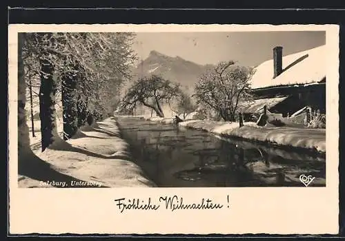 AK Salzburg-Untersberg, Partie am Kanal im tiefen Schnee, Weihnachtskarte