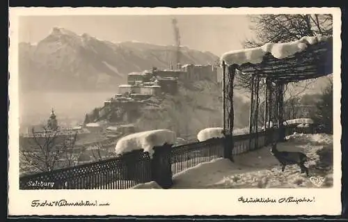 AK Salzburg, Blick auf die Festung, ein Reh im Schnee, Weihnachts- und Neujahrskarte