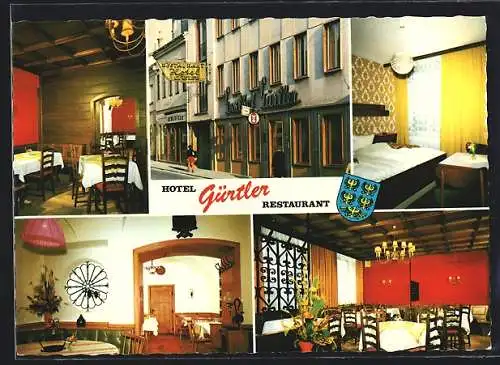 AK Amstetten, Hotel-Restaurant Gürtler mit Innenansichten, Rathausstrasse 13