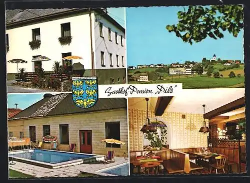 AK Neustadtl a. D., Gasthof und Pension Pils mit Schwimmbecken und Speisezimmer