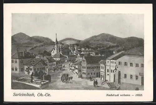 AK Sarleinsbach, Ortsansicht mit Marktplatz und Kirche im Hintergrund