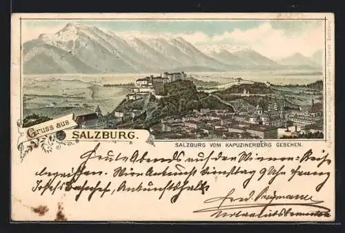 Lithographie Salzburg, Ortsansicht vom Kapuzinerberg aus
