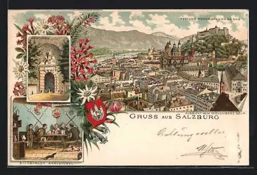 Lithographie Salzburg, Inneres Salzburger Bräustübel, Aussicht vom Mönchberg, Neutor