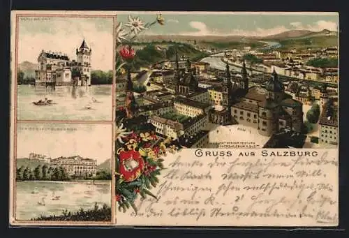 Lithographie Salzburg, Schloss Anif u. Leopoldskron, Totalansicht