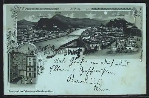 Mondschein-Lithographie Salzburg, Ortsansicht mit Hohensalzburg und electr. Aufzug