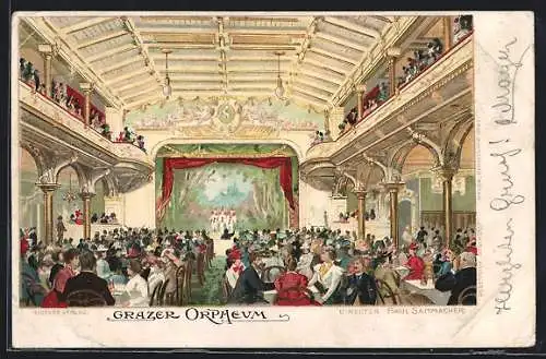 Lithographie Graz, Restaurant Orpheum v. P. Saitmacher, Innenansicht