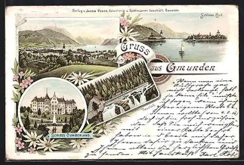 Lithographie Gmunden, Schloss Cumberland, Traunfall