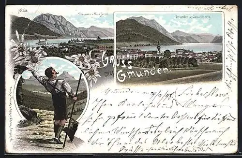 Lithographie Gmunden, Ortsansicht vom Calvarienberg mit Traunsee