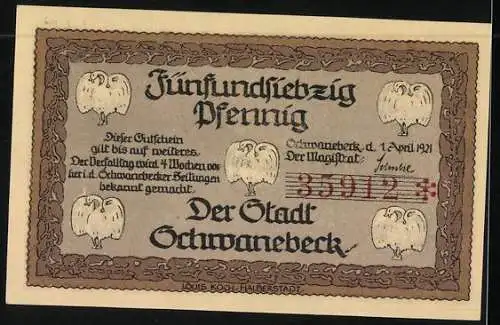 Notgeld Schwanebeck 1921, 75 Pfennig, Rathaus, Männer von 1913 und 1921