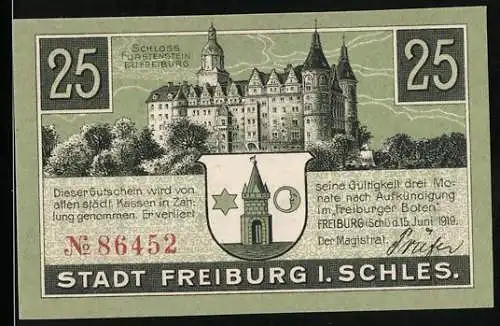 Notgeld Freiburg in Schlesien 1919, 25 Pfennig, Schloss Fürstenstein und Wappen, Frau am Spinnrad und Uhren