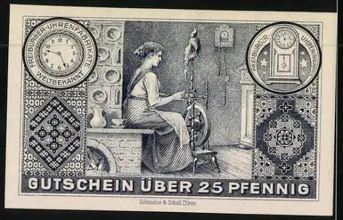 Notgeld Freiburg in Schlesien 1919, 25 Pfennig, Schloss Fürstenstein und Wappen, Frau am Spinnrad und Uhren