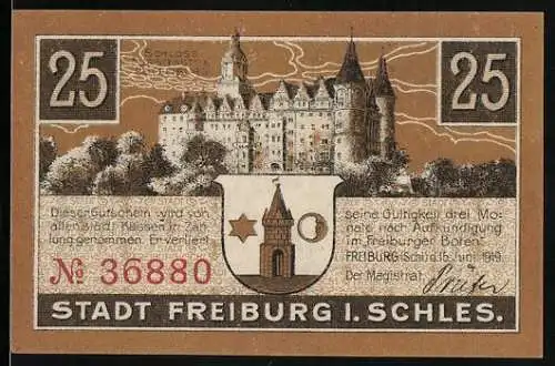 Notgeld Freiburg in Schlesien 1919, 25 Pfennig, Schloss Fürstenstein und Wappen, Frau am Spinnrad und Uhren